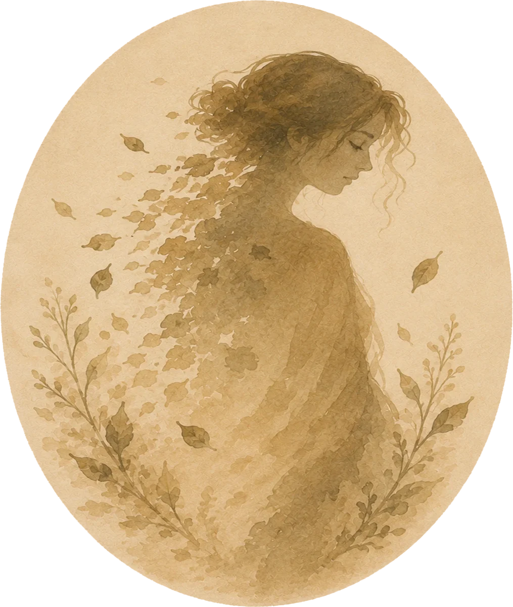 A watercolor-style illustration of a woman with curly hair, looking down with her eyes closed, surrounded by falling leaves and floral branches.