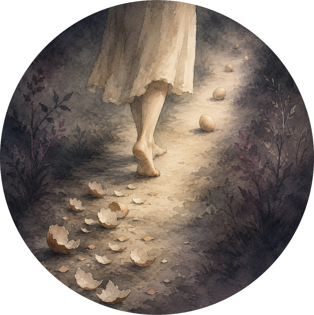 Watercolor painting of a person walking away, with eggshells on the ground and eggs rolling behind them, on a dimly lit path surrounded by plants.