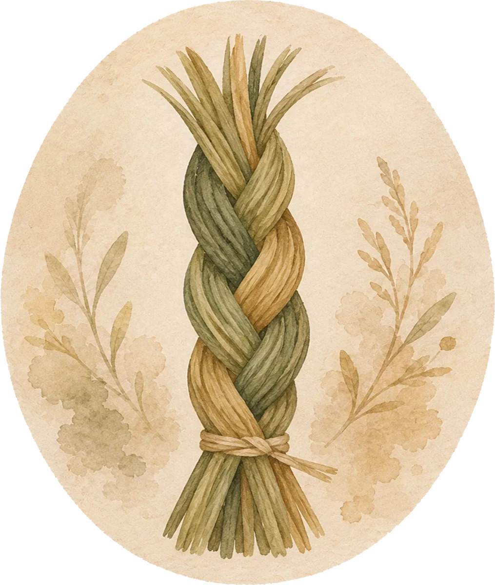 Watercolor painting of a bundle of braided wheat stalks with two faint floral sketches in the background.