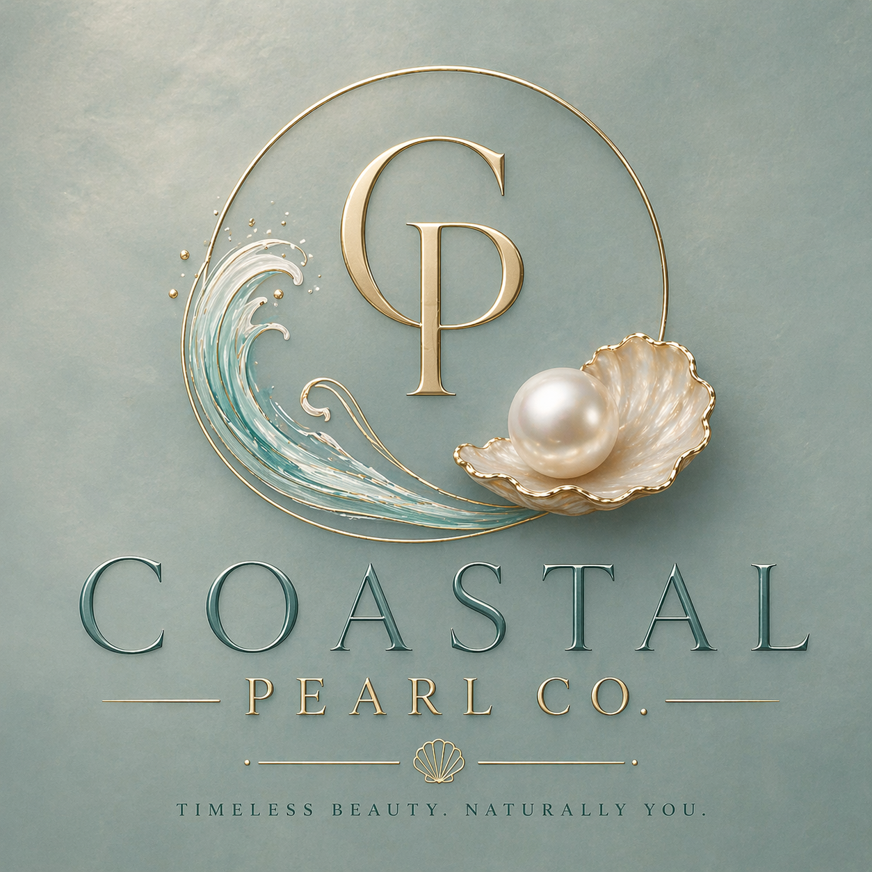Logo for Coastal Pearl Co. featuring a wave, a pearl in an oyster shell, and the initials CP in gold, with the company's name and tagline "Timeless beauty. Naturally you."