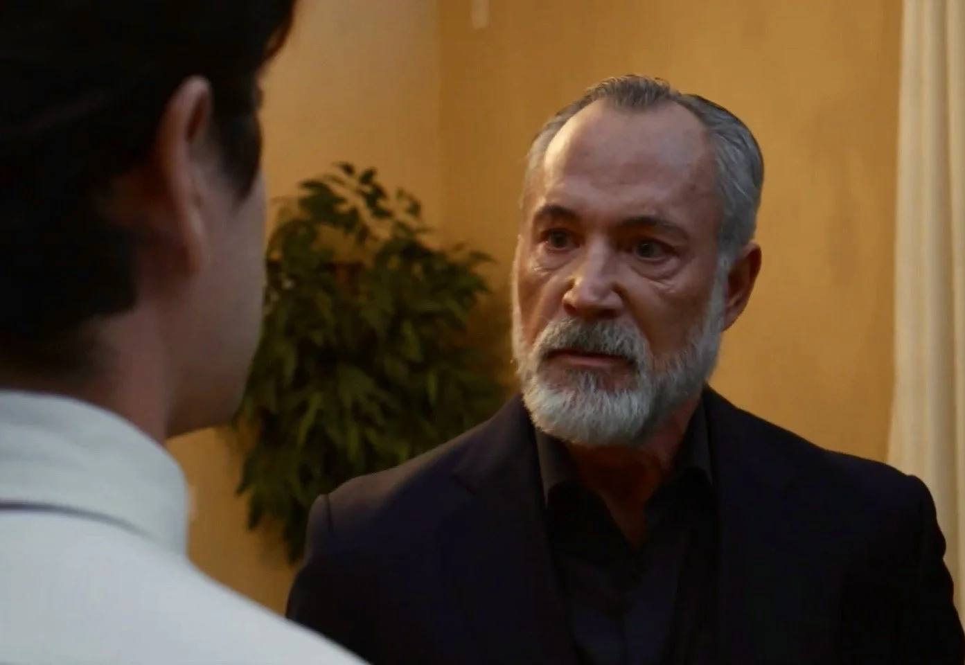 A man with gray hair and a beard in a dark suit looking at a man in white shirt, with a plant and beige walls in the background.