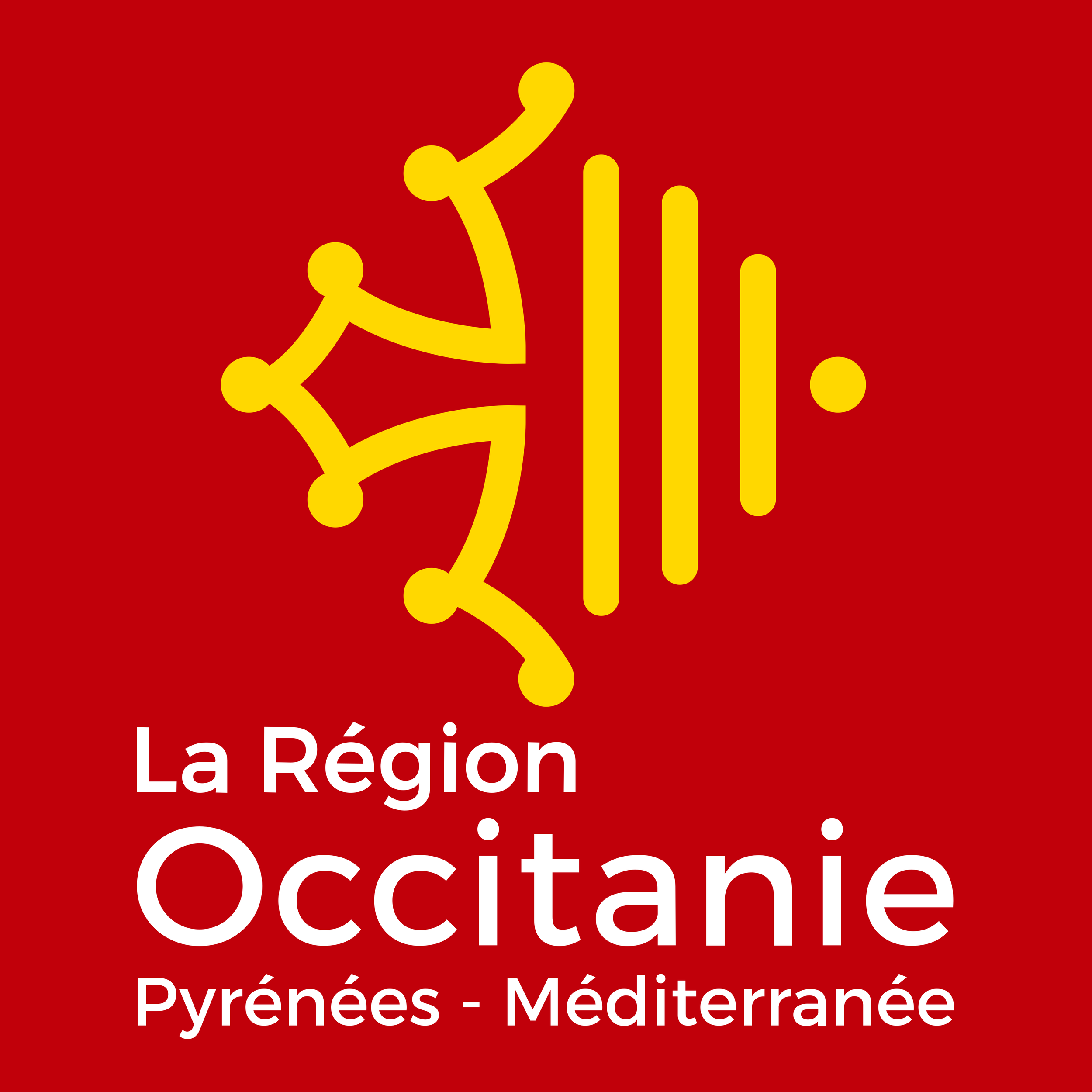 Carte régionale avec un symbole de personnes en jaune empilées et un texte en français mentionnant 'La Région Occitanie Pyrénées - Méditerranée' en blanc sur un fond rouge.