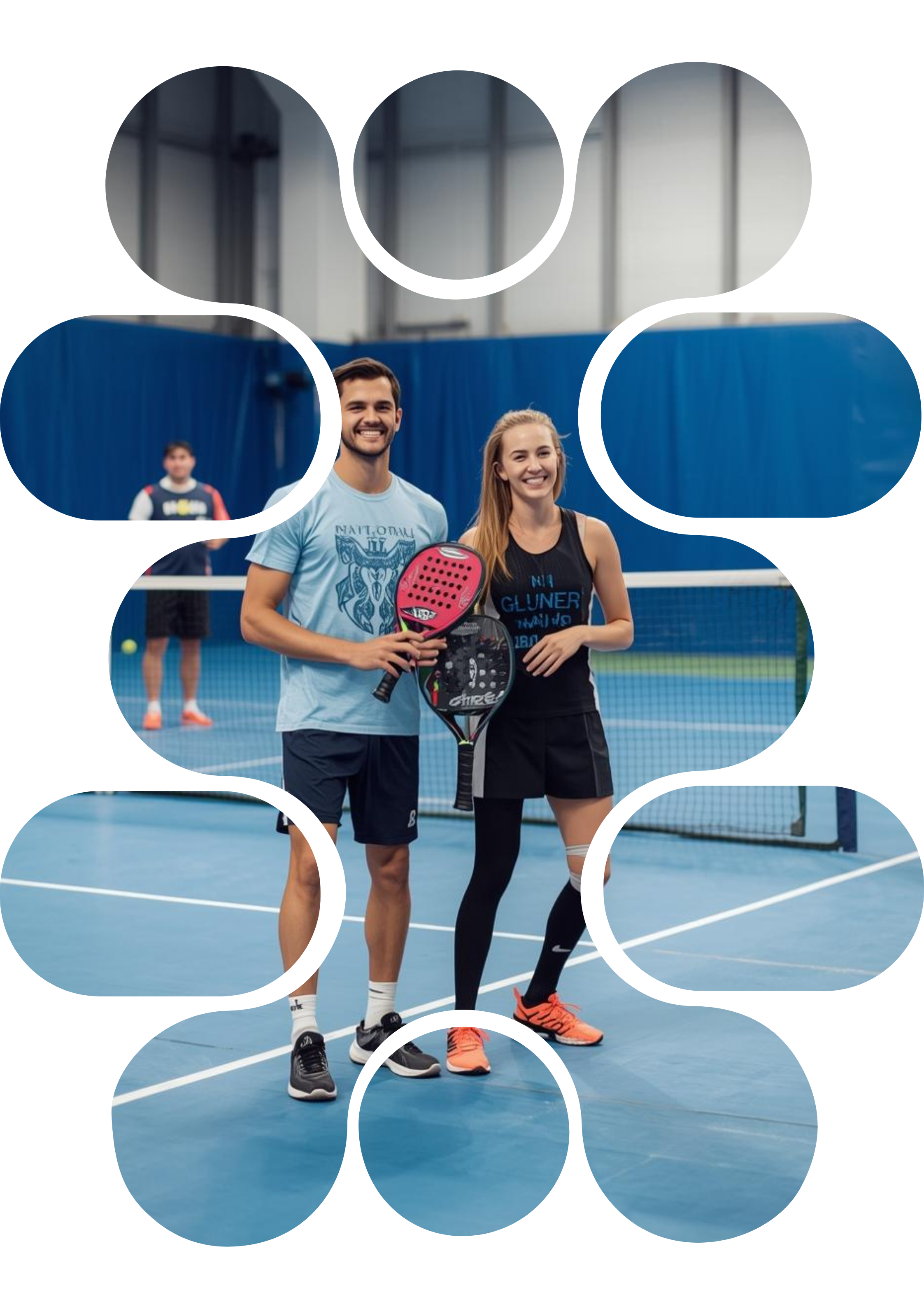 Deux jeunes jouent au tennis en salle, tenant chacun une raquette, souriants, avec un autre joueur en arrière-plan.