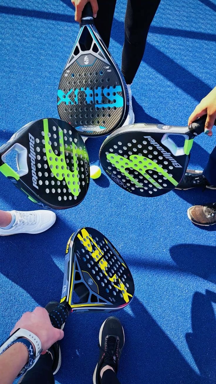 Quatre raquettes de padel avec des designs colorés, disposées sur un sol bleu, avec quelques pieds visibles autour.