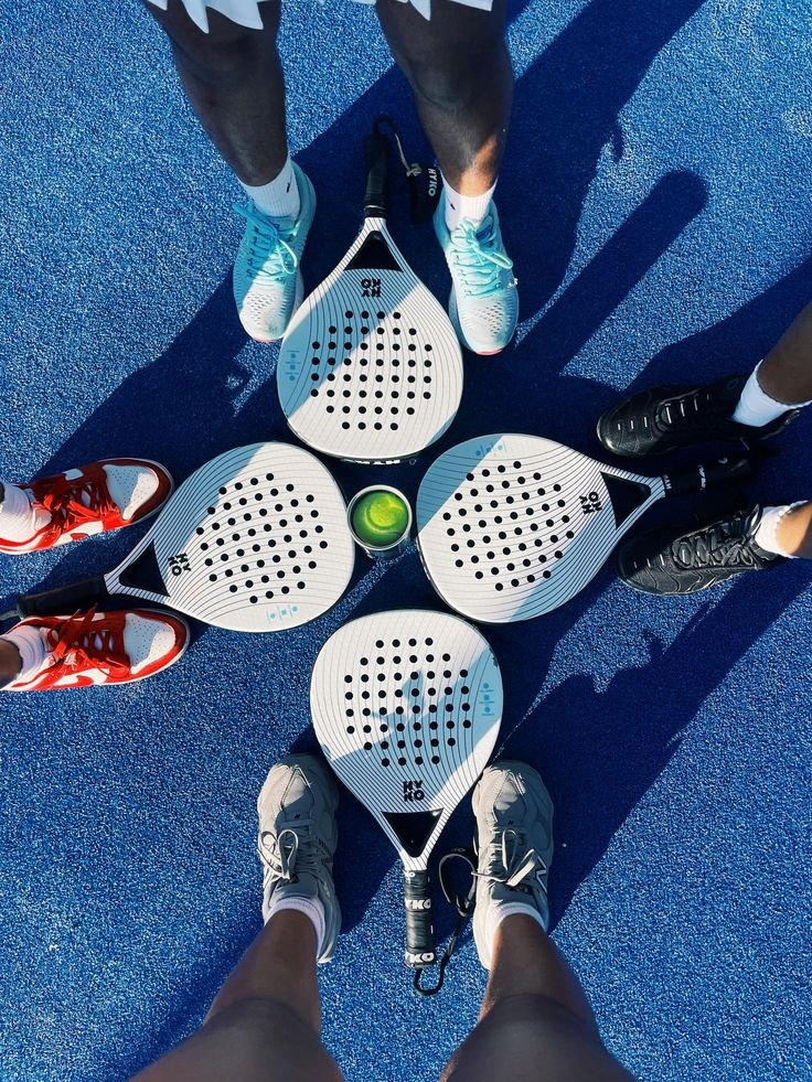 Quatre personnes avec des raquettes de pickleball et une balle verte au centre, se tenant en cercle sur une surface de sport bleue.