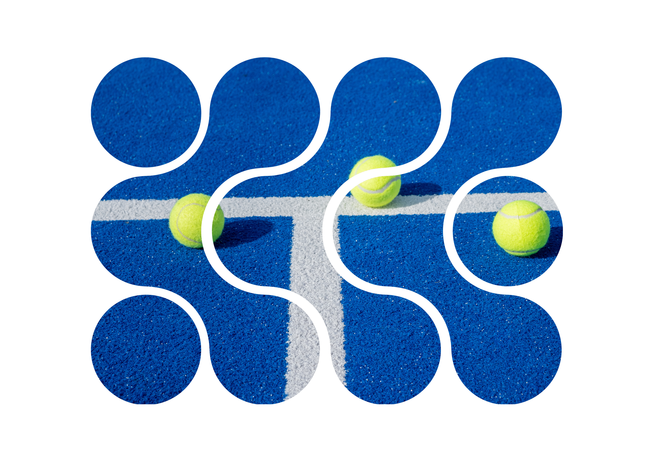 Une image stylisée d'un court de tennis avec deux balles de tennis jaunes, vue en perspective, une ligne blanche en forme de croix au centre.