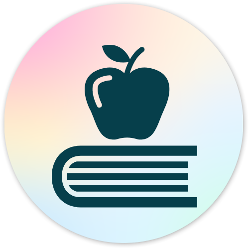 Icon of a book with an apple on top, inside a circular gradient background for adhd mama life