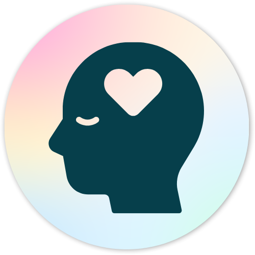 Silhouette of a human head with a heart inside it, on a pastel rainbow background for adhd mama life