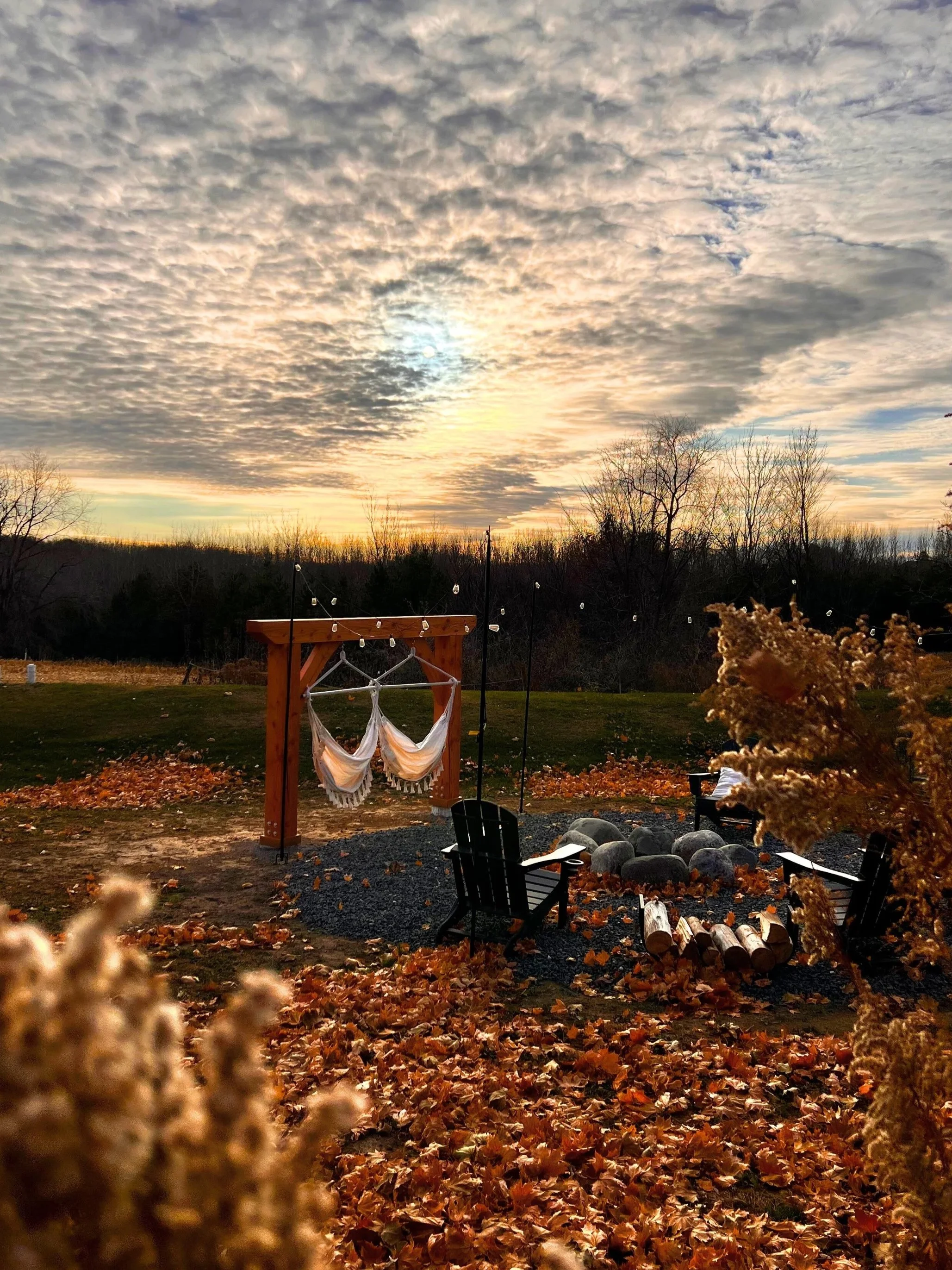 A backyard scene during fall with a sky filled with scattered clouds and the sun partially visible. The ground is covered with fallen orange and brown leaves. There is a wooden structure with a hammock attached, surrounded by trees with mostly bare branches, and outdoor seating with a fire pit made of rocks in the foreground.