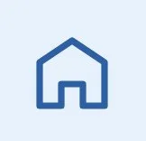 A blue line drawing of a house icon with a roof and door.
