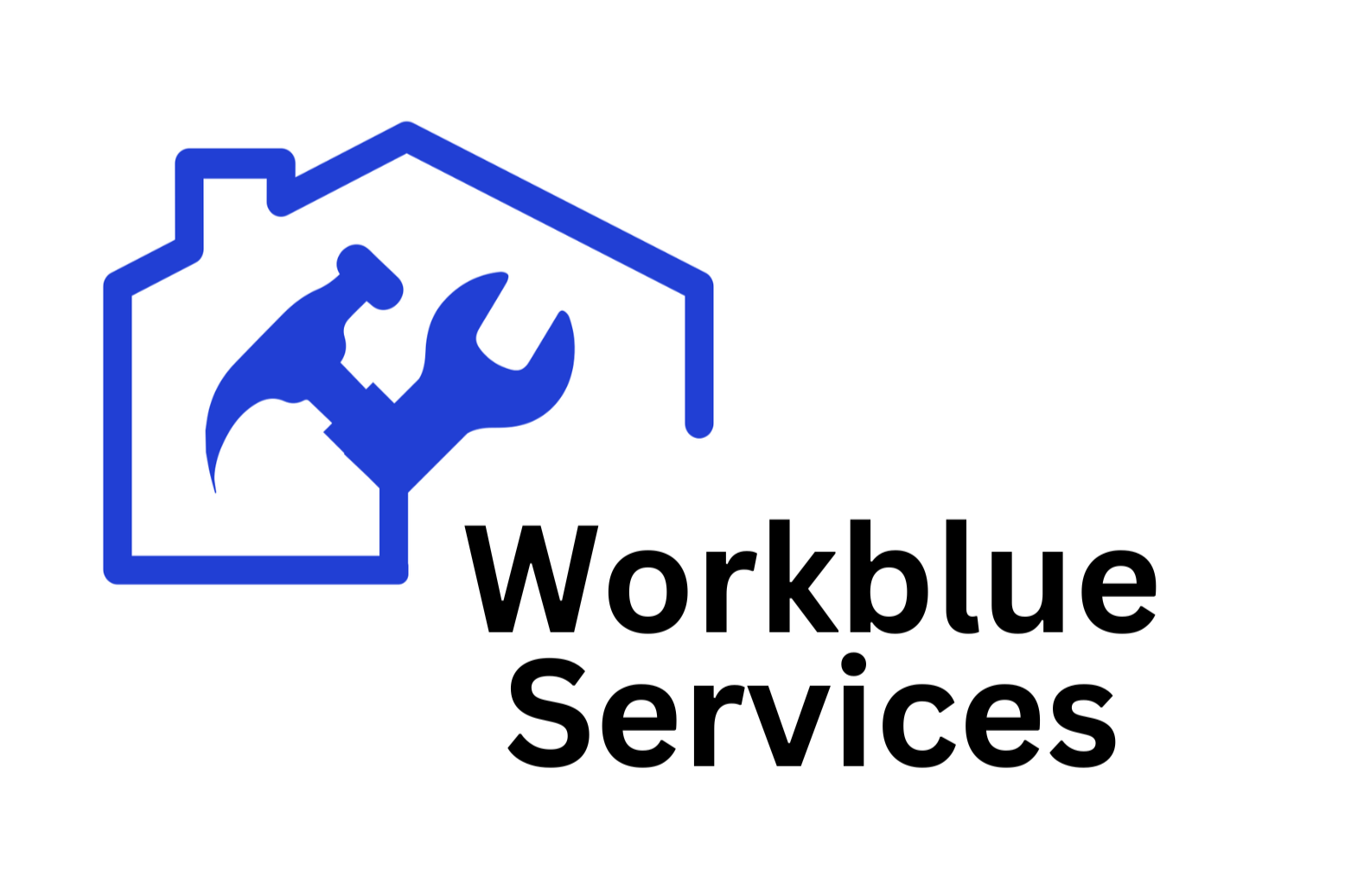 Logo with a house outline, a hammer and wrench inside, and the text "Workblue Services"