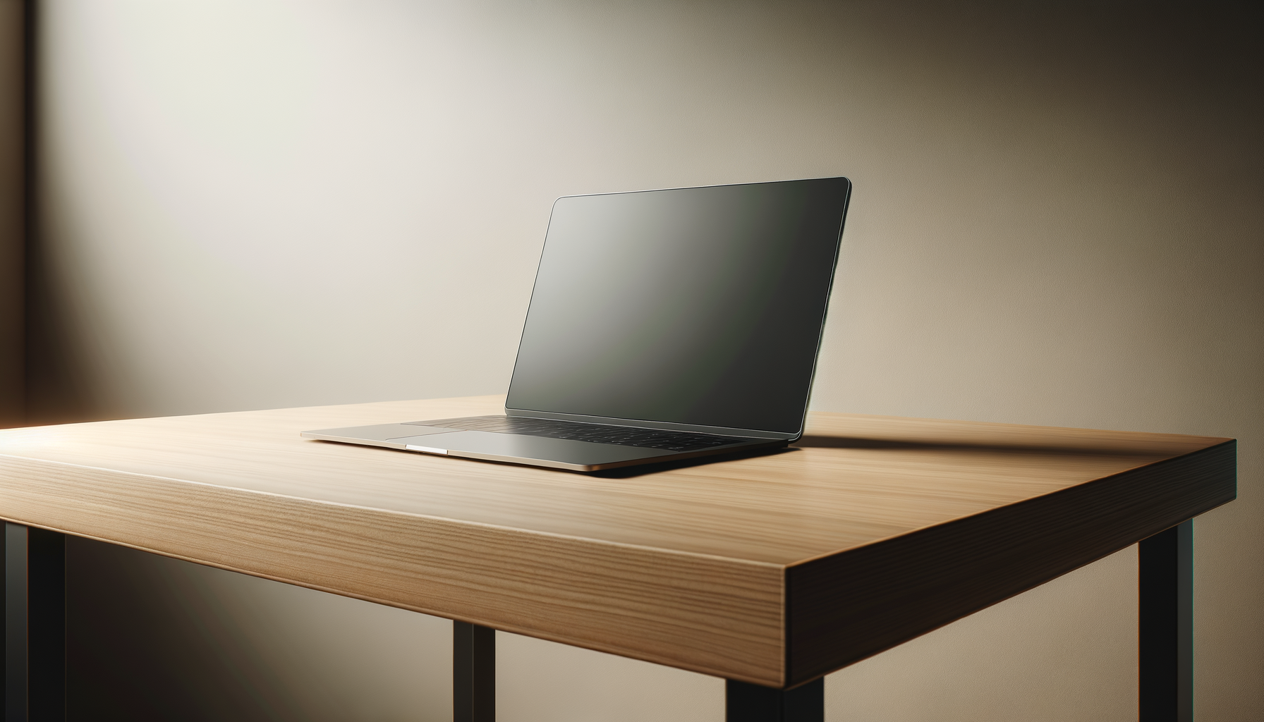 A slim, modern silver laptop with a black keyboard sits open on a light wooden desk against a plain beige wall.