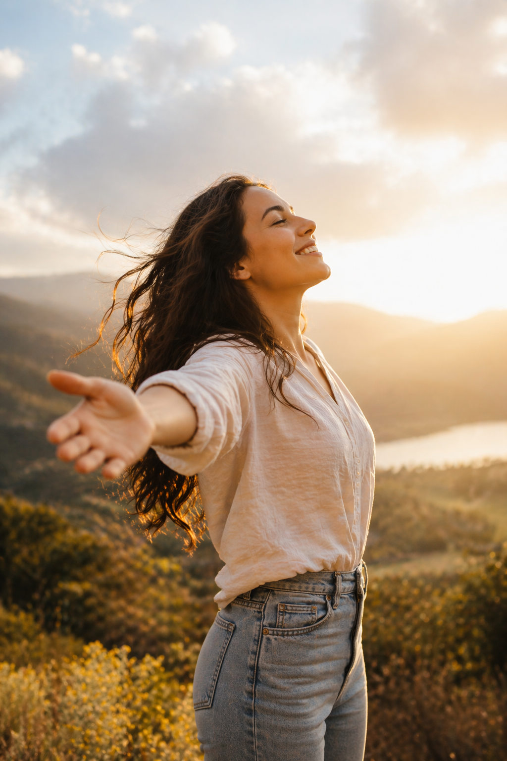 A woman with long dark hair, wearing a light-colored shirt and jeans, stands outdoors with her arms open wide and eyes closed, smiling as the sun sets behind her and beautiful landscape with hills, trees, and a lake in the background.