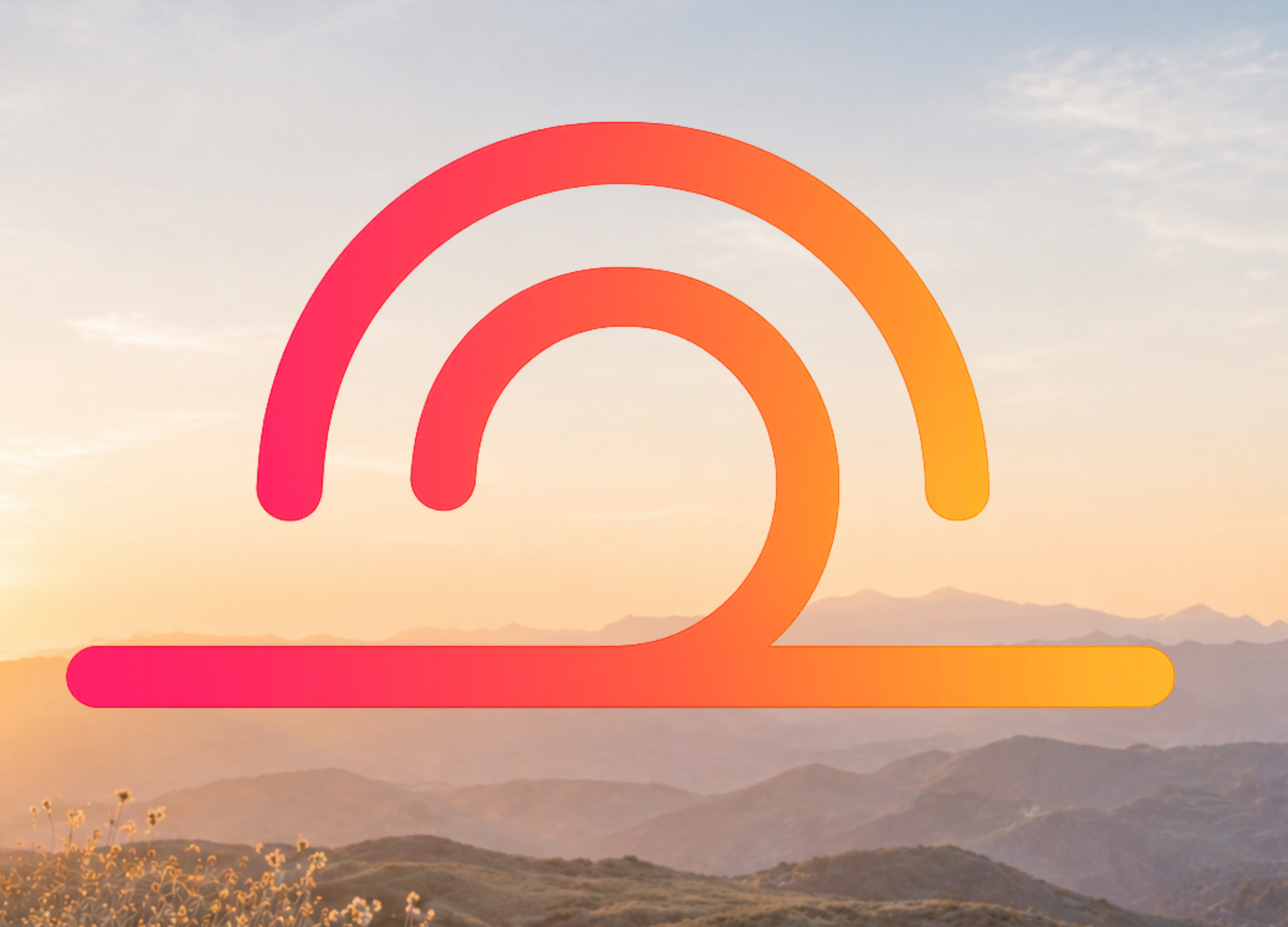 A sunset or sunrise landscape with mountains and a cloudy sky, overlaid with a stylized Wi-Fi symbol in gradient colors from pink to orange.