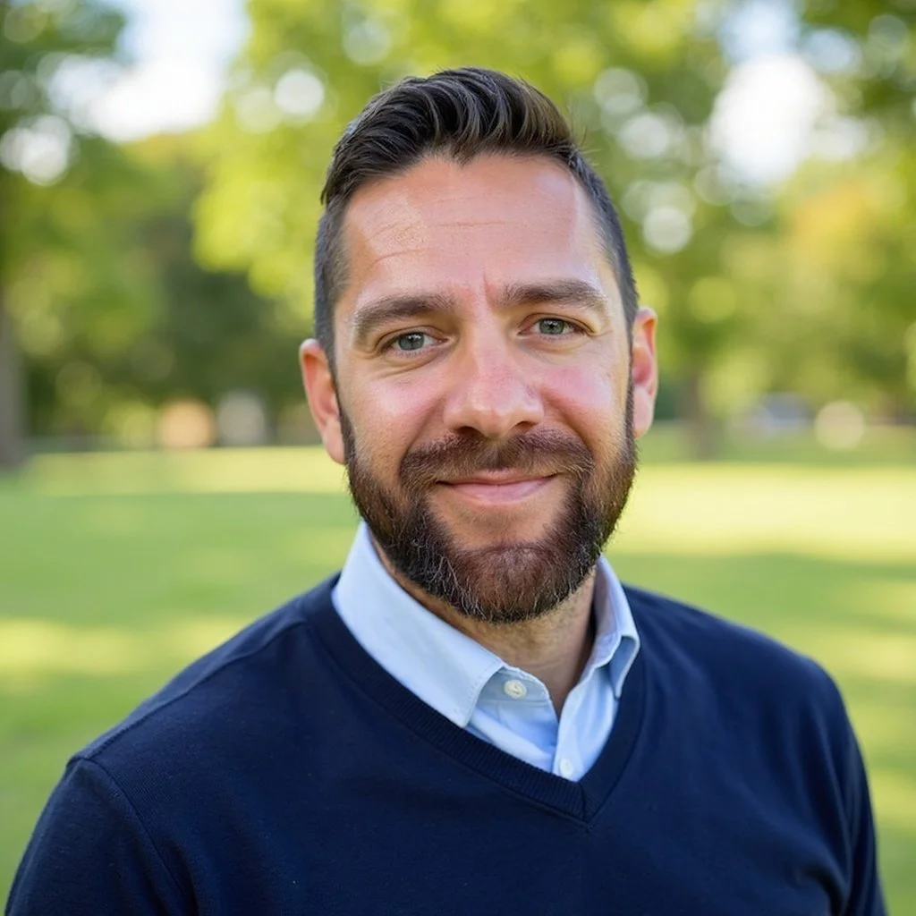 A man with a beard and short dark hair outdoors, wearing a navy blue sweater over a light blue collared shirt, smiling with a blurred green park background.