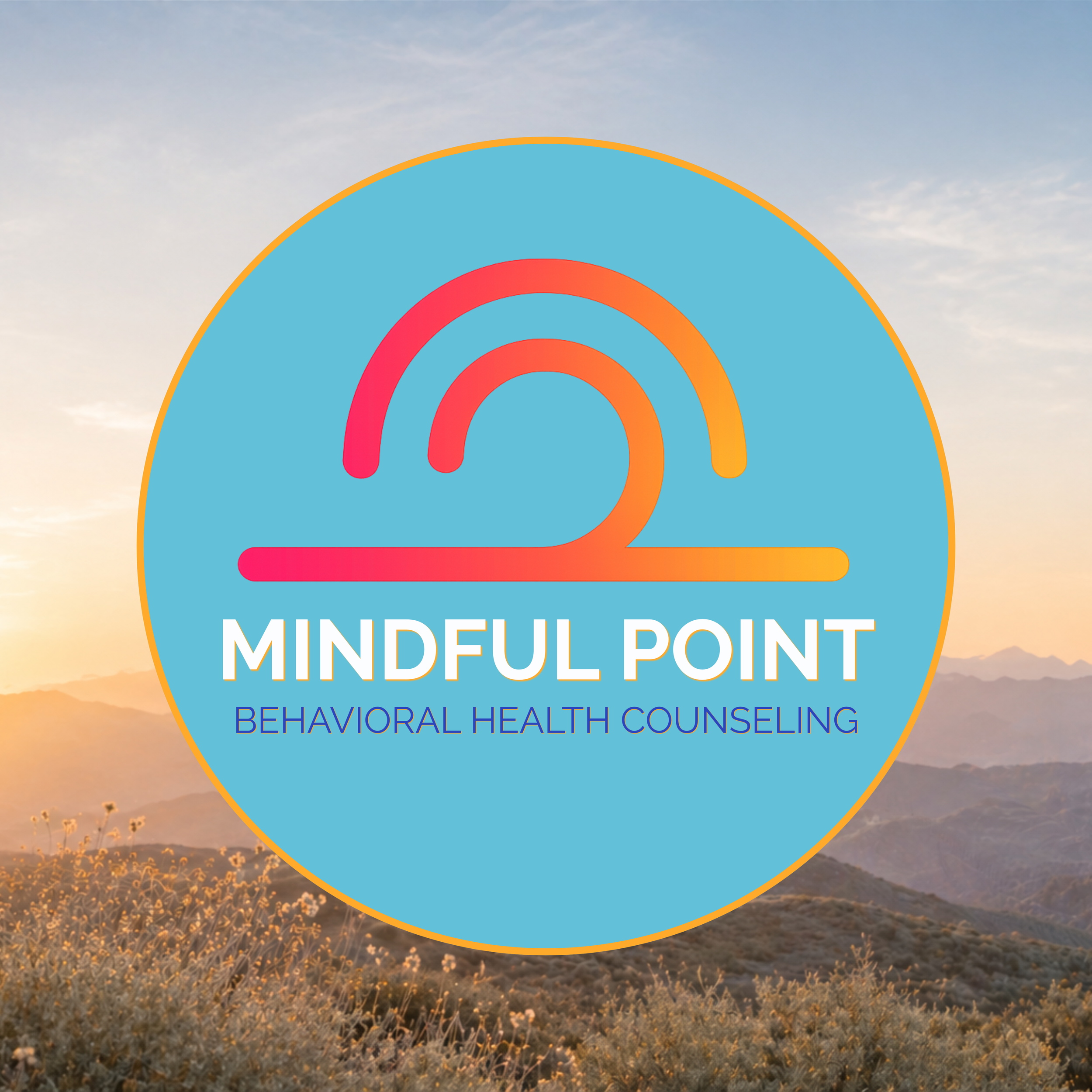 A colorful circular logo with a rainbow design and the text 'MINDFUL POINT' beneath it, overlayed on a landscape background of desert hills and cloudy sky at sunset.