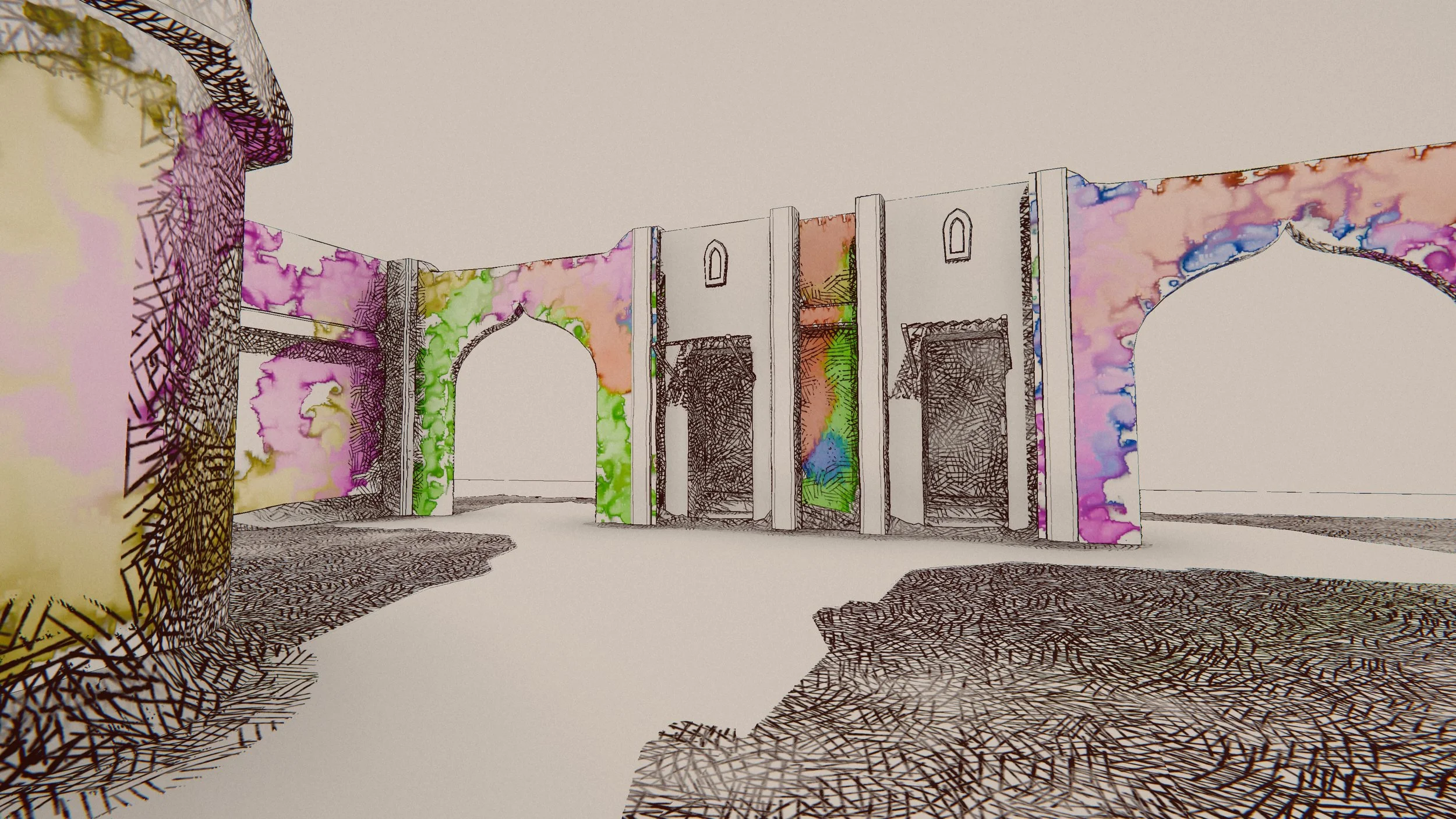 Stylized rendered scene with crosshatching and watercolor in unity