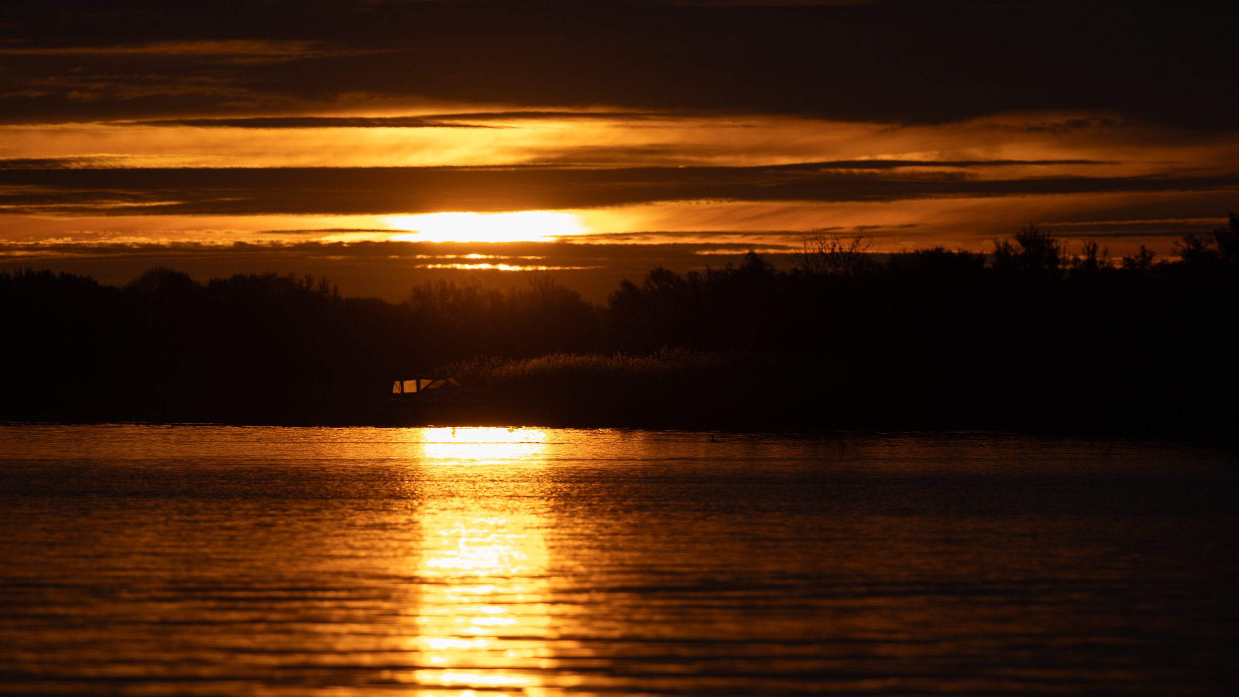 A sunset over a body of water with dark clouds in the sky and silhouettes of trees in the foreground.