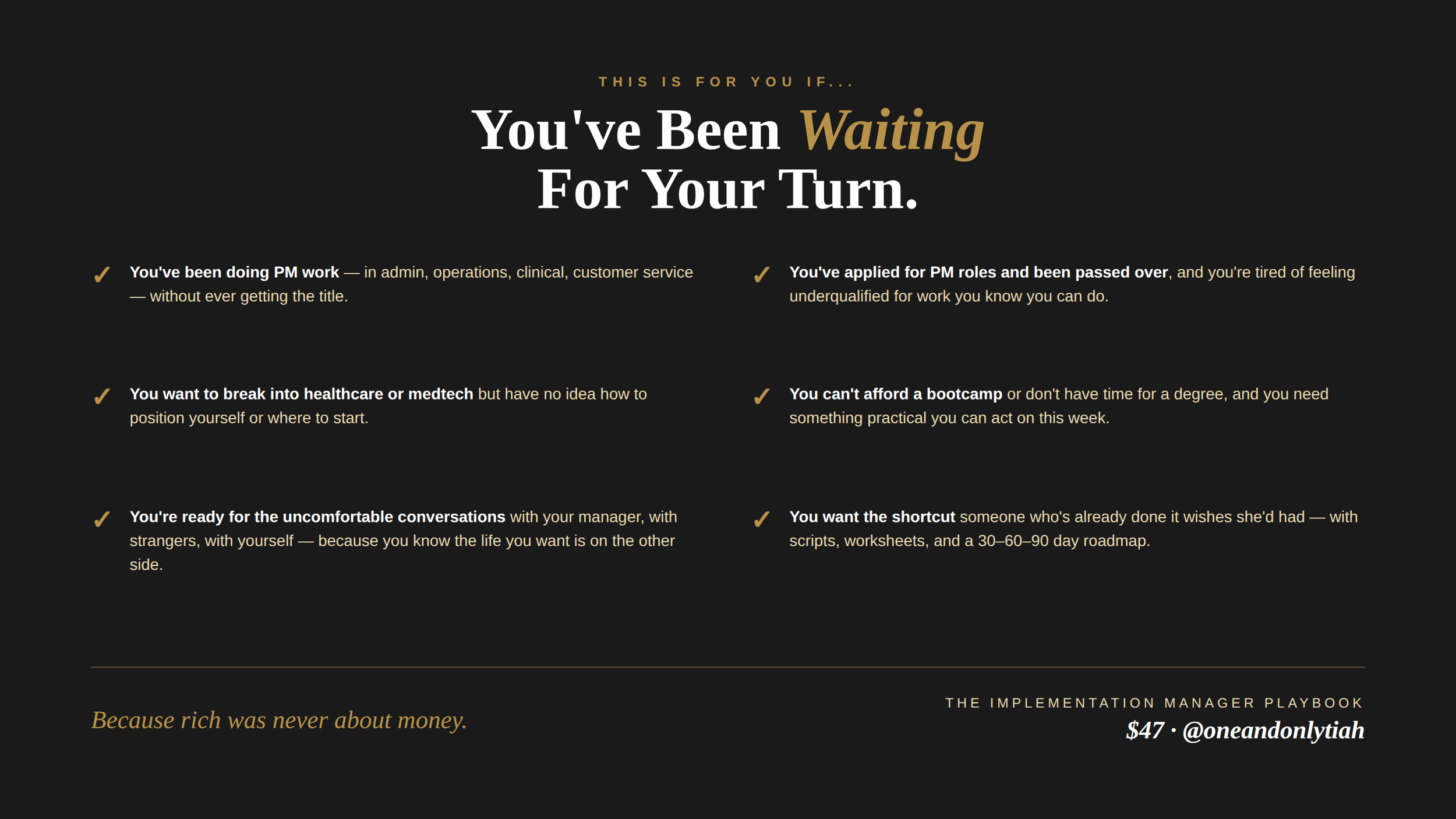 A dark-themed informational webpage featuring bold white and gold text with tips on career transition and personal growth.