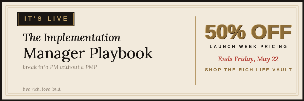 Advertisement announcing a 50% discount on the 'Manager Playbook' during launch week, ending Friday, May 22, with the tagline 'live rich. love loud.'