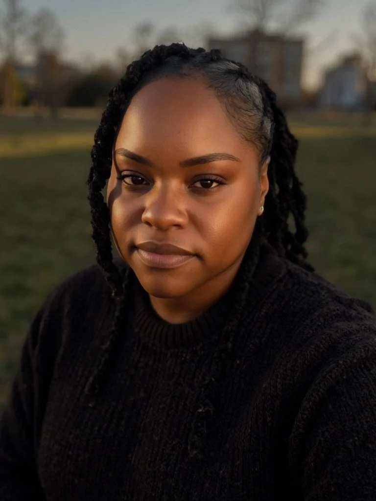 Close-up portrait of a young woman with dark loc’d hair, wearing a black sweater outdoors during sunset.