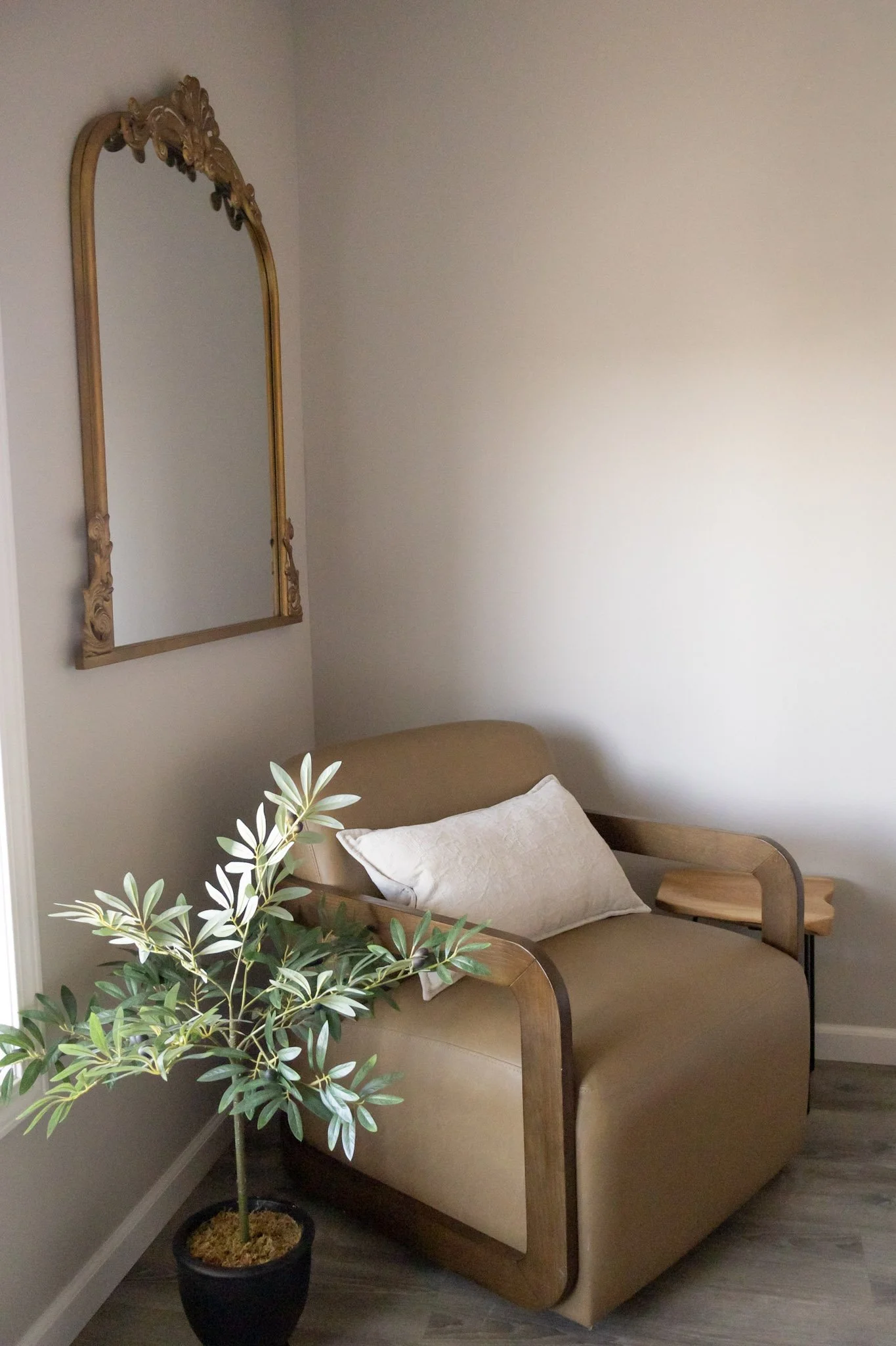 A cozy room corner with a tan armchair, a white pillow, a green potted plant in the foreground, a large ornate framed mirror on the wall, and a wooden side table next to the chair.