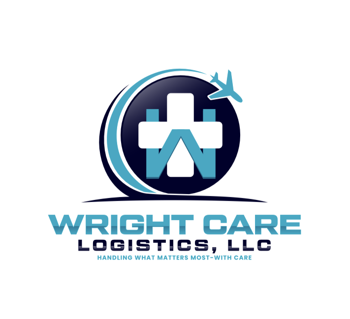 Logo for Wright Care Logistics, LLC featuring a medical cross, an airplane, and the company name with the tagline 'Handling What Matters Most -With Care'