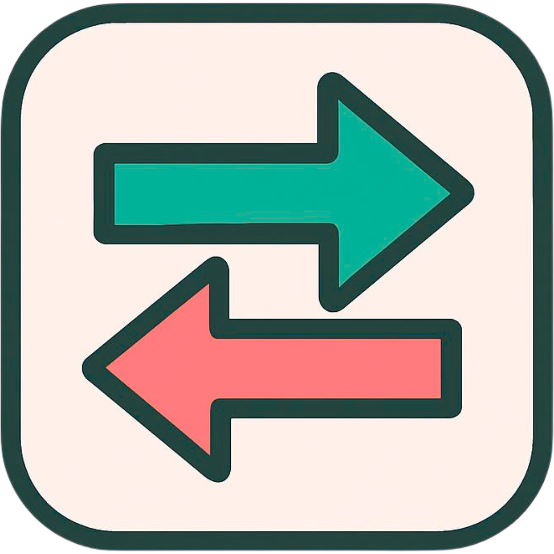 Icon with two arrows, one pointing right in teal and the other pointing left in pink, inside a rounded square.