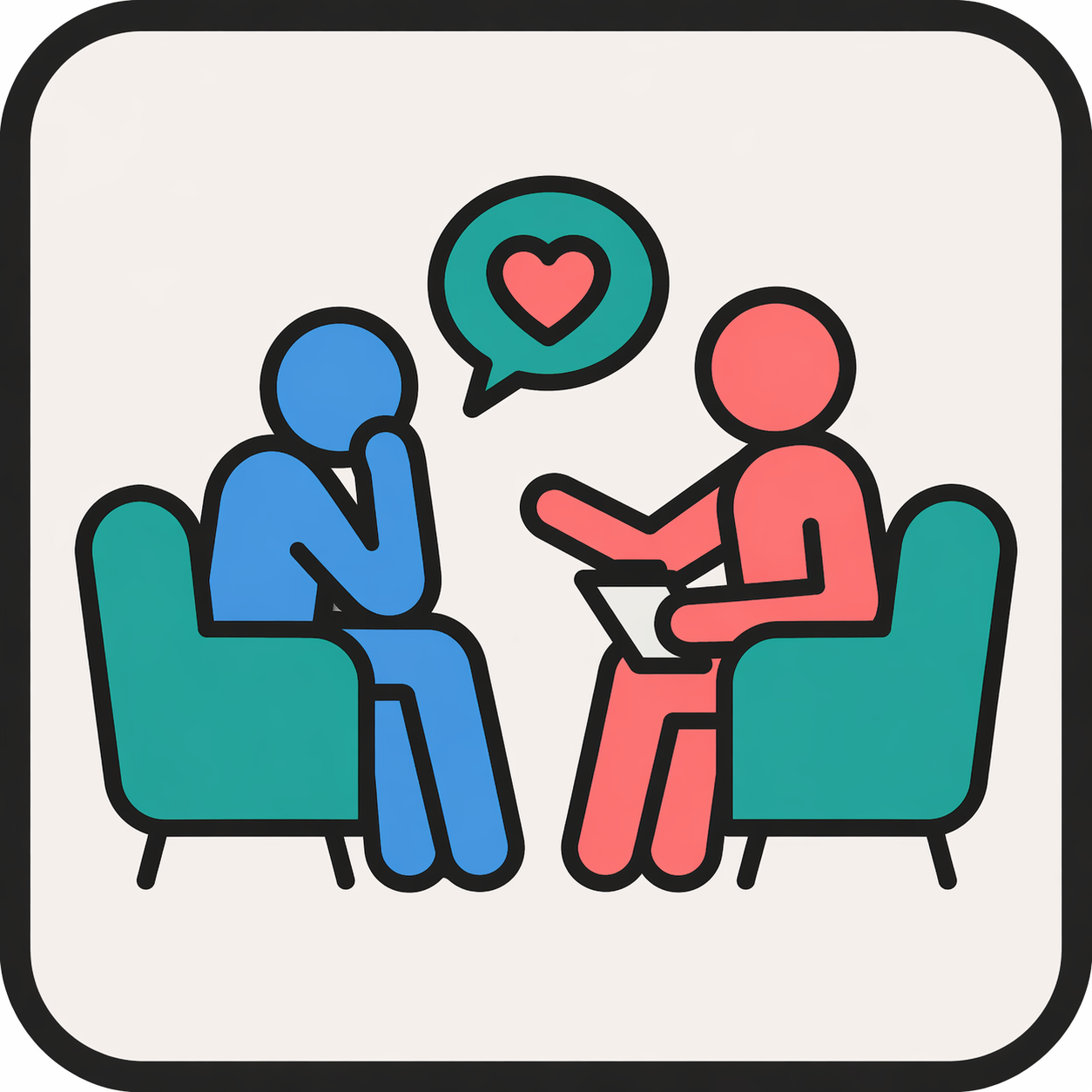 A digital illustration of two people having a conversation. One person, in blue, appears emotional, with their hand on their face. The other person, in red, is speaking and pointing, with a speech bubble above containing a heart.