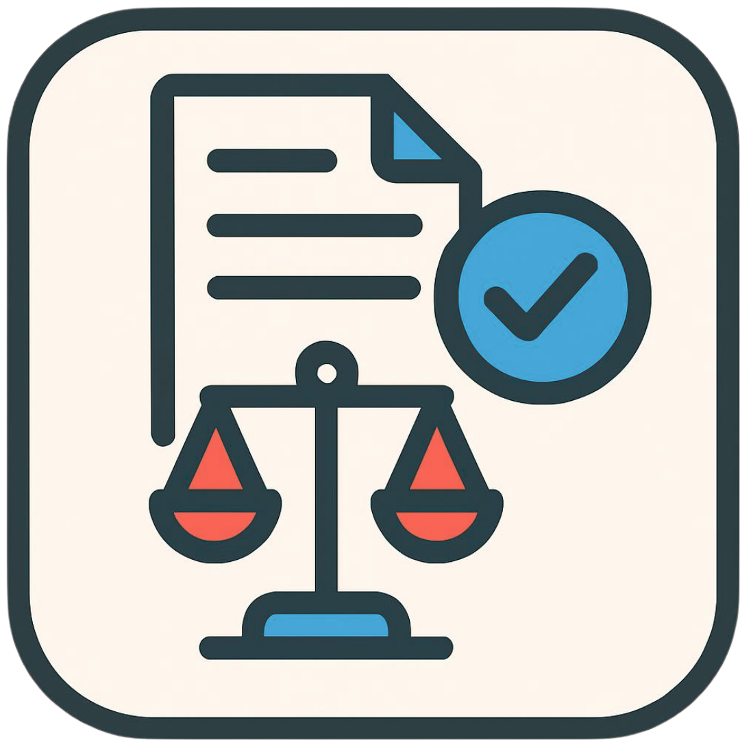 Legal document with a check mark and a scale of justice.