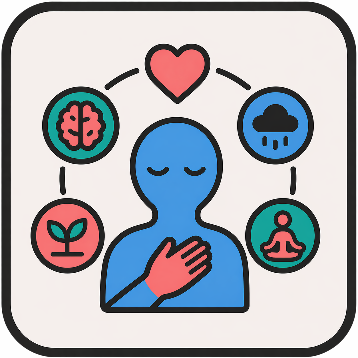 Illustration of a person meditating with icons representing mental health, emotional well-being, and environmental factors surrounding them.
