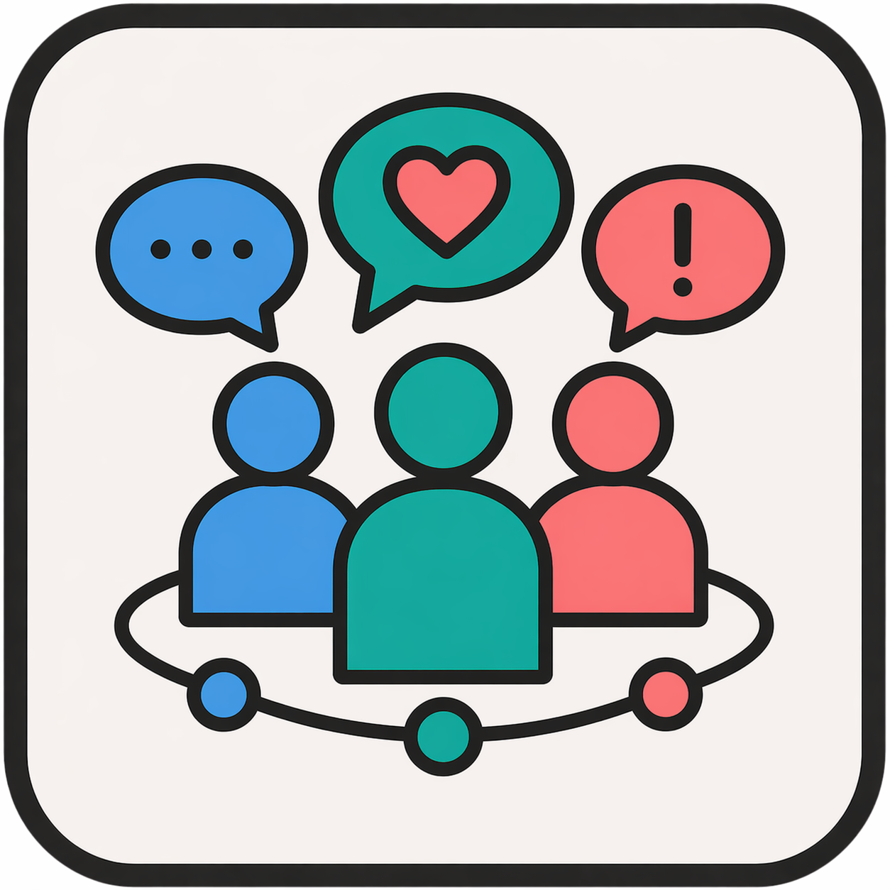 An illustration of a social network with three stylized people connected in a circle. Speech bubbles show discussion, love, and alerts above their heads.