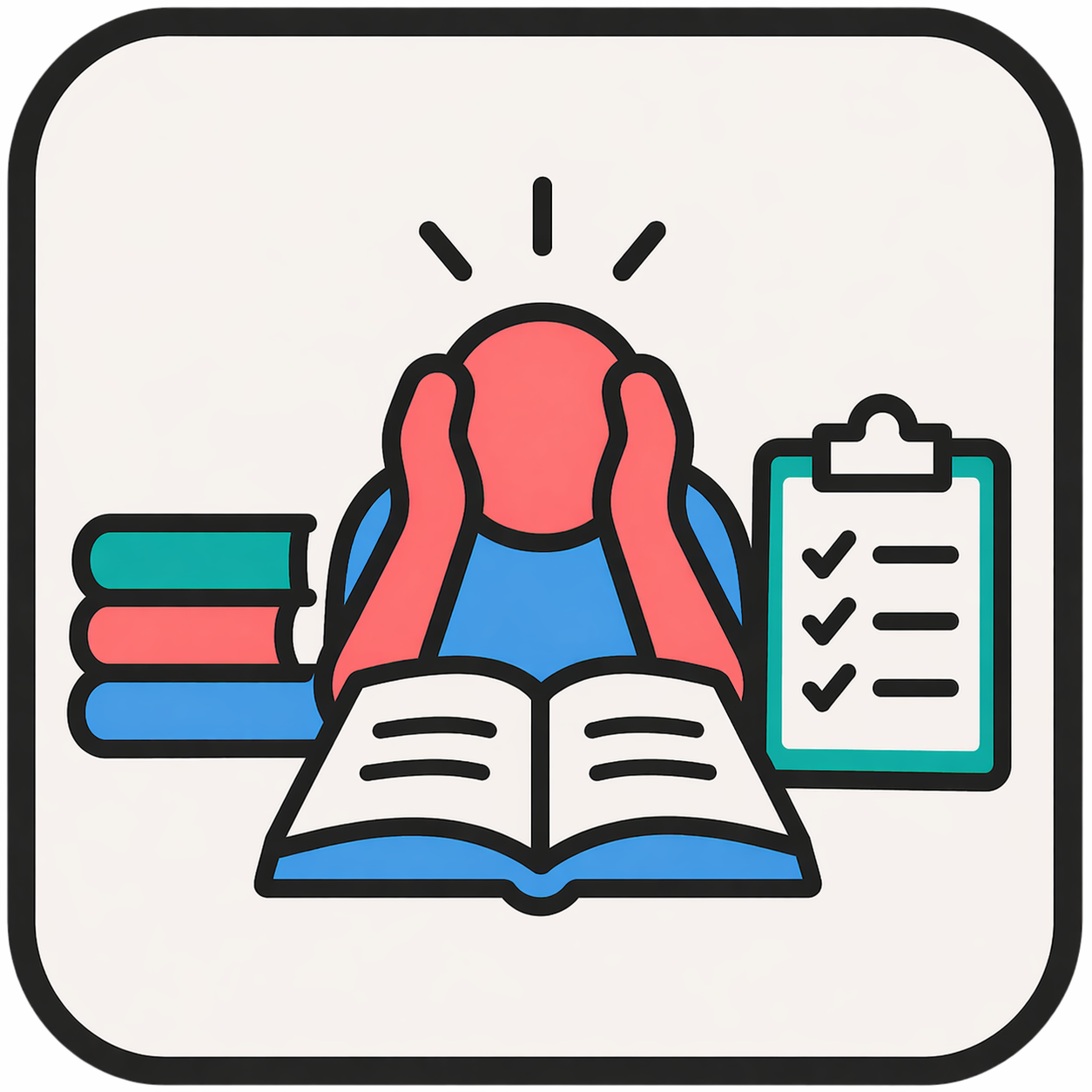Person with red hair covering their ears, studying with books, an open book, and a checklist on a clipboard.