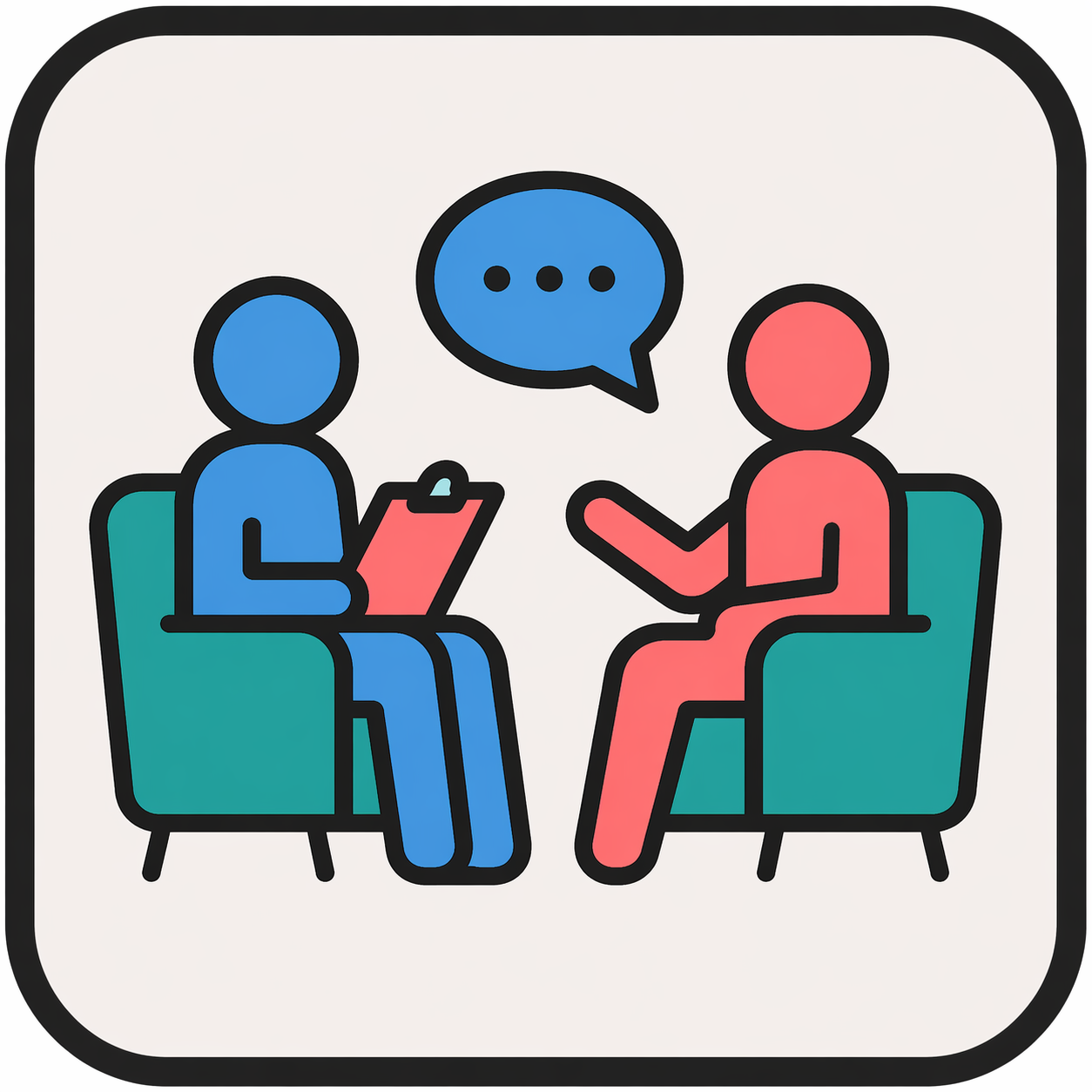 Illustration of a therapy or counseling session with two people sitting in chairs, one holding a clipboard and the other speaking, with a speech bubble indicating conversation.