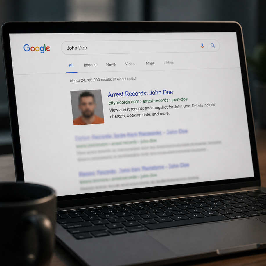 Google search results showing a mugshot and arrest record affecting first impressions
