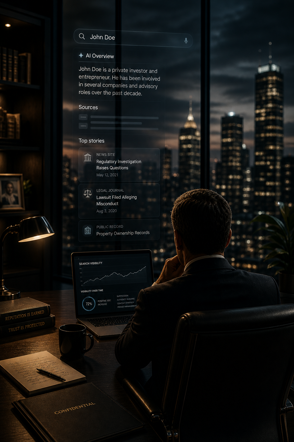 Executive reviewing online search visibility, AI summaries, and digital exposure in a private office environment related to executive reputation and privacy.