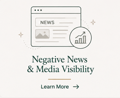 A promotional graphic about negative news and media visibility, featuring a web browser window with a news article, a growth chart icon, and a 'Learn More' button.