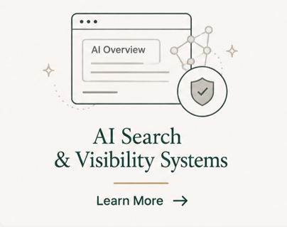 Illustration of a web browser window with a title "AI Overview," connected to a network diagram and a shield icon, with the text "AI Search & Visibility Systems" and a "Learn More" button.