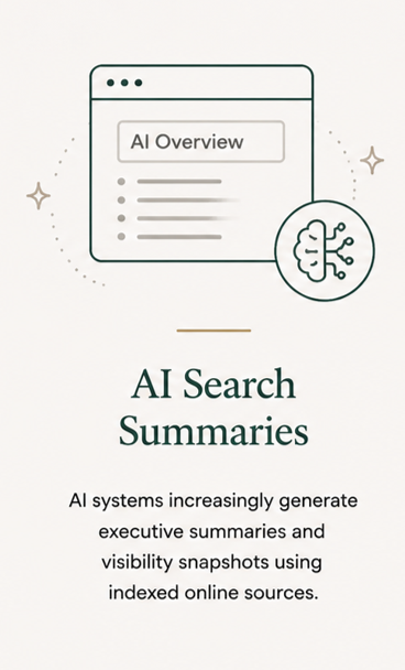Illustration of a web browser window with 'AI Overview' tab, a circular icon of a brain, and the text 'AI Search Summaries' with a description about AI systems generating executive summaries and visibility snapshots from online sources.
