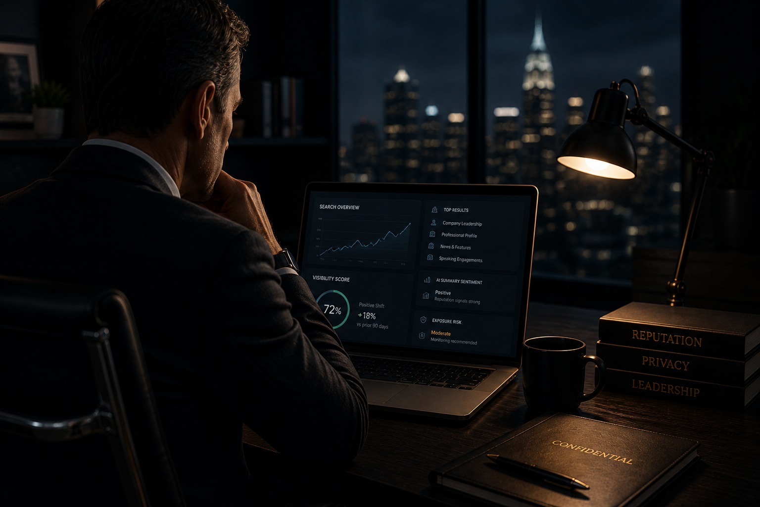 Executive reviewing online search visibility, reputation exposure, and digital privacy risks in a private office environment before high trust business decisions.