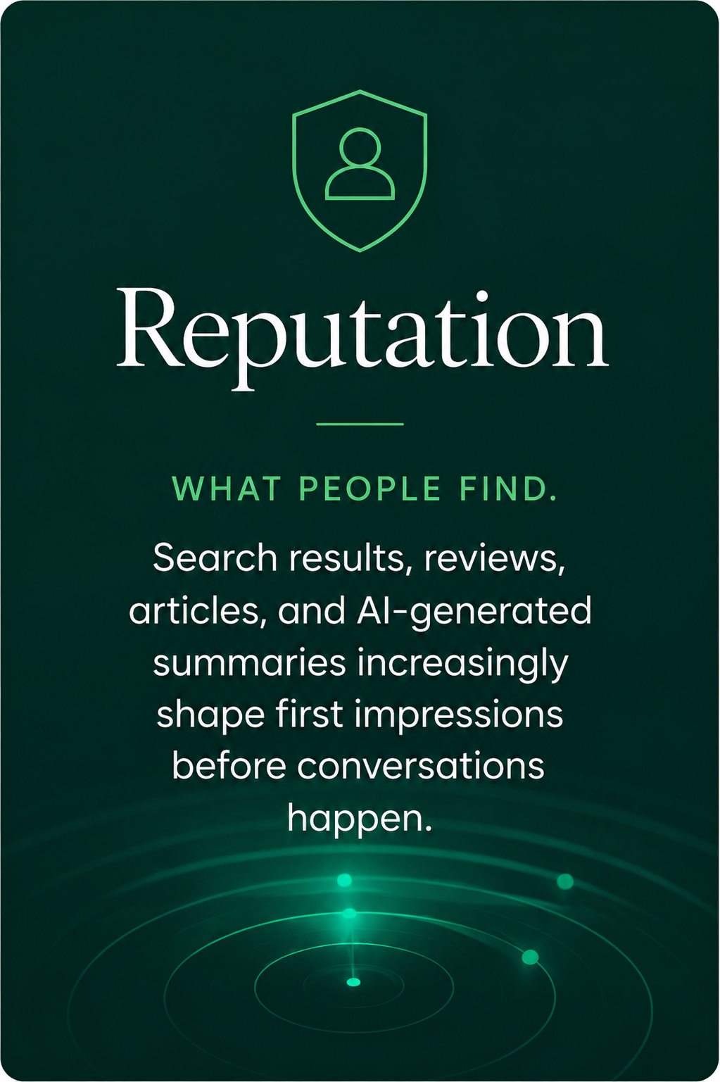 Digital Trust & Visibility reputation pillar graphic showing search results, reviews, articles, and AI-generated summaries shaping first impressions online.