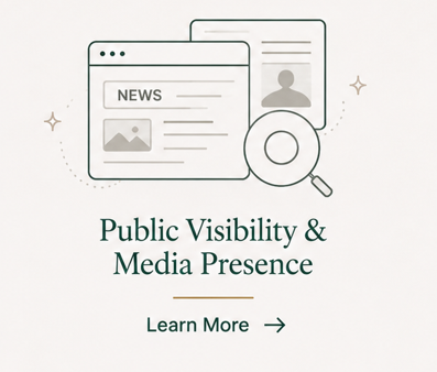 Illustration of a computer window displaying news and media content, with a magnifying glass icon, accompanying text reads 'Public Visibility & Media Presence' and a 'Learn More' prompt.