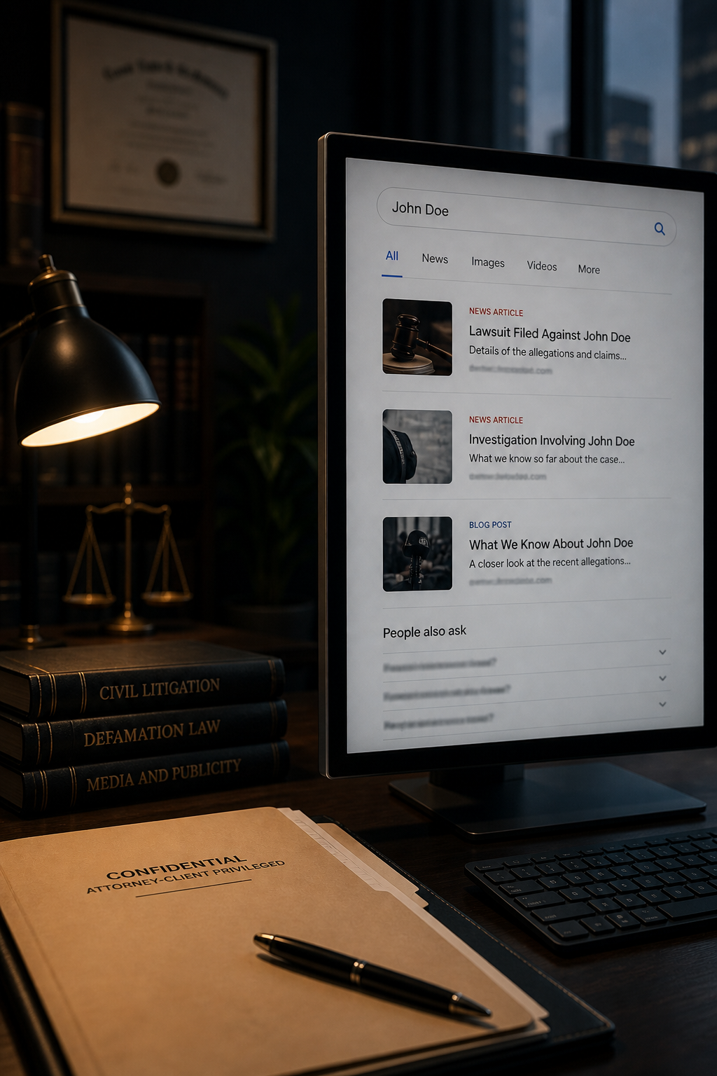 Attorney reviewing search visibility and online reputation issues connected to litigation and public allegations on a desktop search results screen.