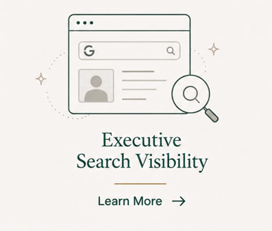 Illustration of a web browser with a search bar, a profile icon, and a magnifying glass, accompanied by the text 'Executive Search Visibility' and a 'Learn More' button.