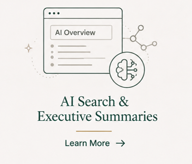 A webpage titled 'AI Search & Executive Summaries' with a 'Learn More' button, featuring icons representing AI and data.