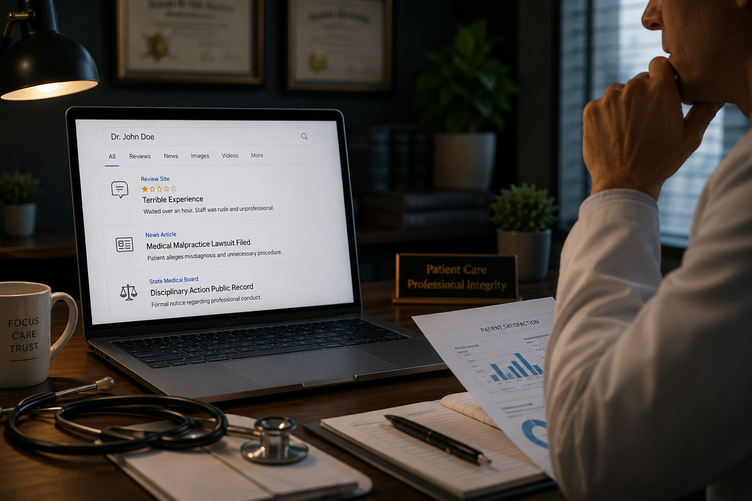 Physician reputation management and online search visibility concerns displayed in a professional healthcare office setting.