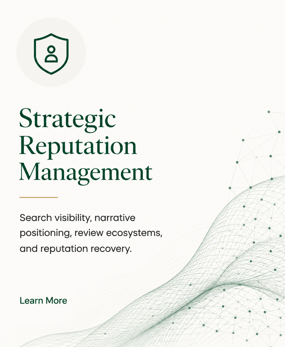 Strategic Reputation Management service card focused on search visibility, narrative positioning, review ecosystems, and reputation recovery.