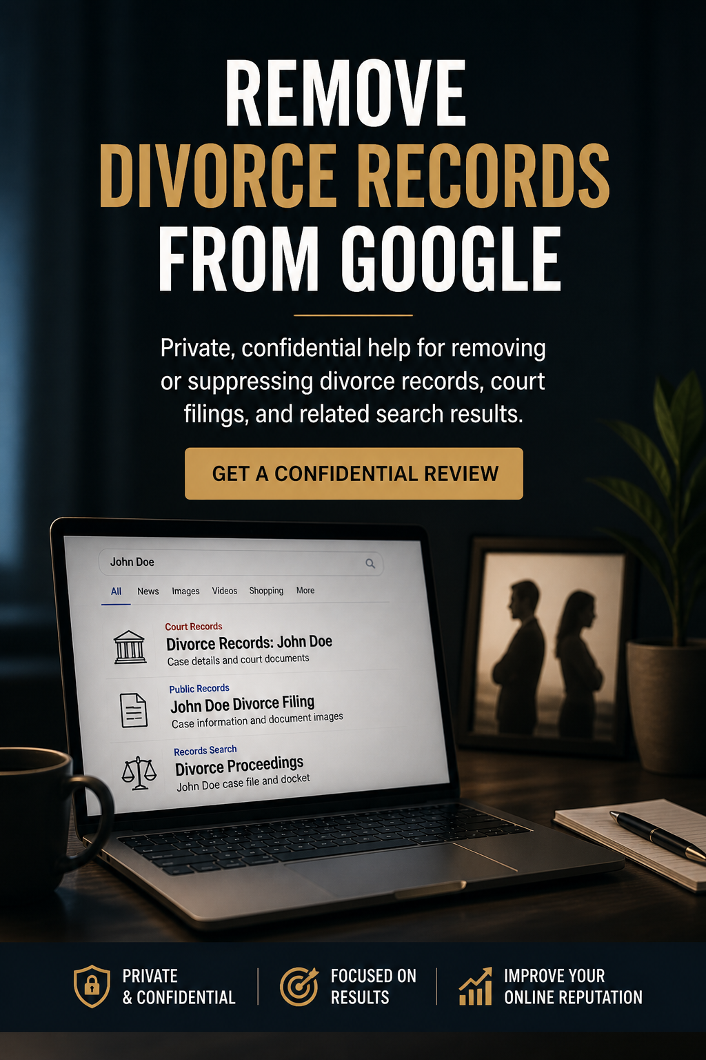 Search results showing divorce records and public filings on Google