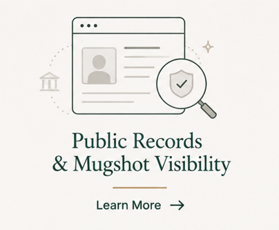Illustration of a web browser window with a profile picture and text, a magnifying glass with a checkmark, and the text 'Public Records & Mugshot Visibility' with a 'Learn More' prompt.