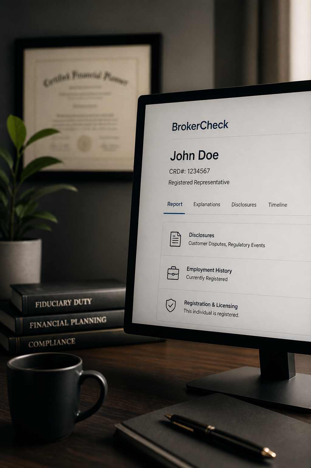 BrokerCheck disclosure report displayed on a computer screen representing financial advisor reputation and online visibility concerns.